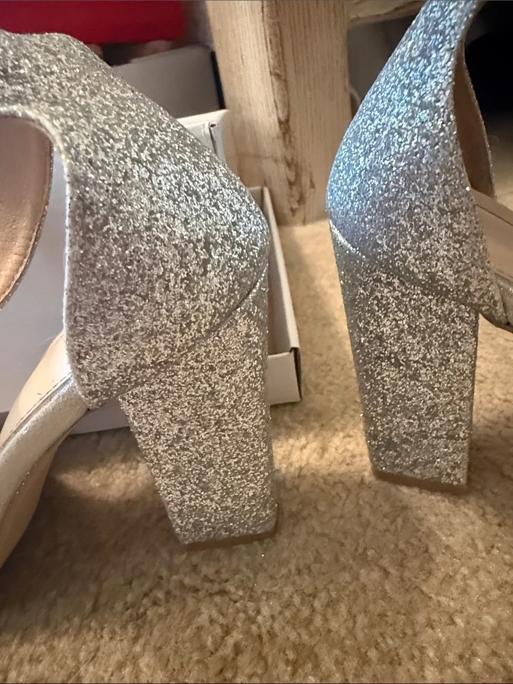 Steve Madden Silver Glitter Block Heel Sandals with Ankle Buckle